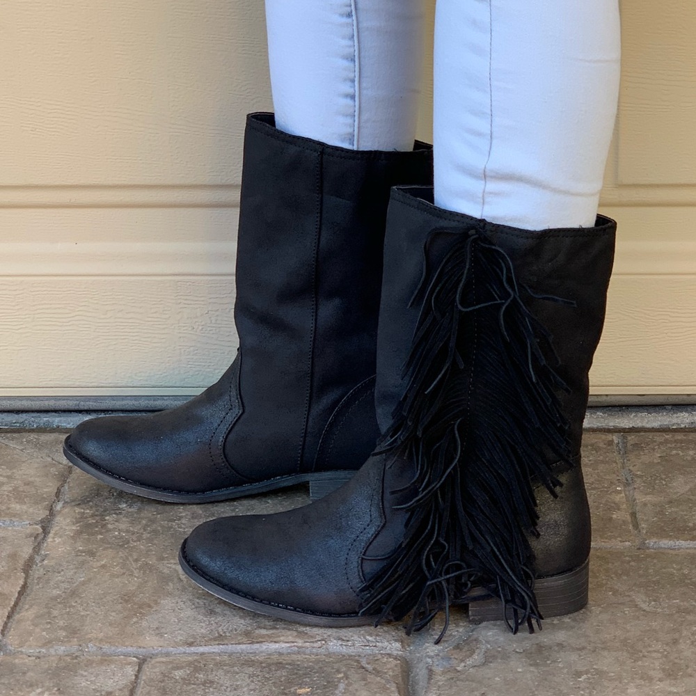 Black Distressed Fringe Western Tall Ankle Boots - Picture 3 of 8